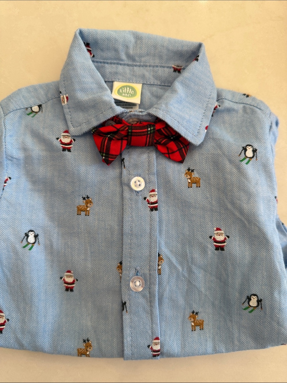 Little Me Light Blue Holiday Embroidered Button-Down with Red Plaid Bow